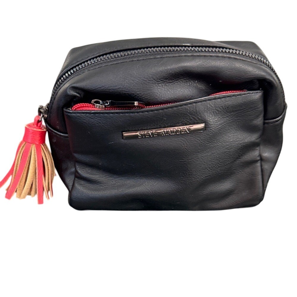 Steve Madden Black‎ Faux Leather Cosmetic Bag Pouch Tassel Accent